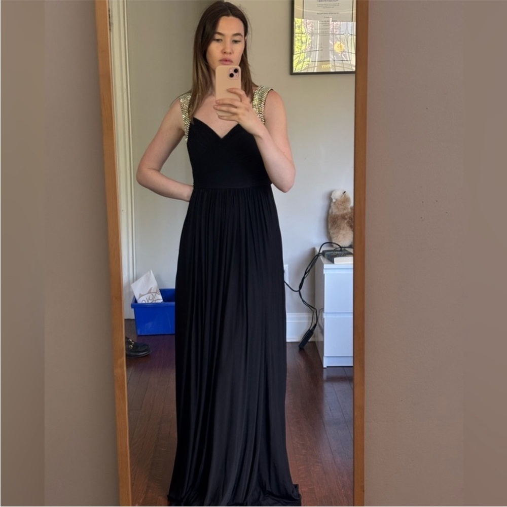 Elegant Black Evening Gown with Silver Bedazzled Sleeve Accents
